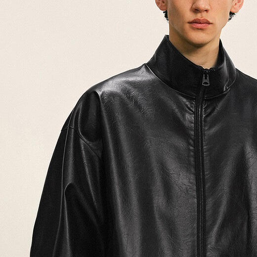 Sketch Men's 2025 Winter New Imitation Leather Jacket H-shaped Short Stand Collar Zipper 9P0A13450 001 Black M