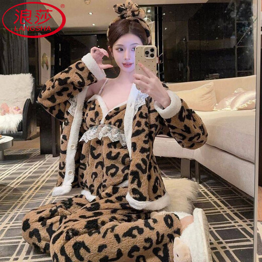 LangSha Sexy Pure Desire Winter Thickened Plush Pajamas Women's Suspender Long Sleeve Three-piece Lace Princess Suit Home Clothes Gray - Three-piece Suspender Set Plush 10XL - Hair Velcro