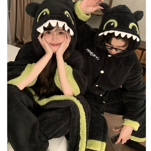 Toothless pajamas couple's pajamas women's autumn and winter coral velvet thickened flannel men's black home clothes winter nightgown + pants #66745 (girls are the wide-sleeved version) 66319 2XL male (weight 145-170