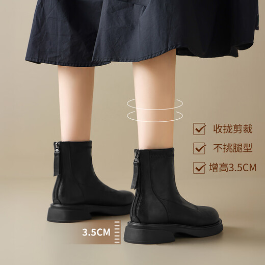 ZHR flat short boots for women 2025 winter new plus velvet British Martin boots for women slimming snow boots for women JF307A black 37