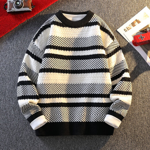 Pierre Cardin Youth Sweater Men's Autumn and Winter Thickened Inner Feeling Super Nice Contrast Color Striped Knitted Bottoming Shirt Black