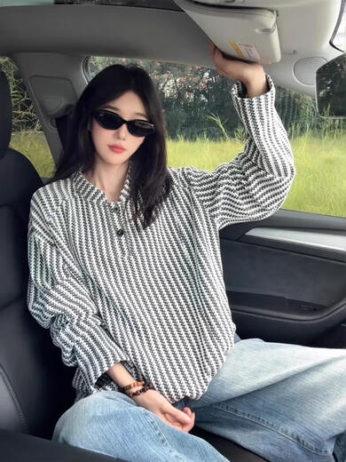 Xuanfanduo herringbone pattern American Henry collar sweatshirt for men in autumn heavyweight houndstooth long-sleeved T-shirt with bottoming shirt for men white M M recommended 105-120 Jin Jin equals 0.5 kg