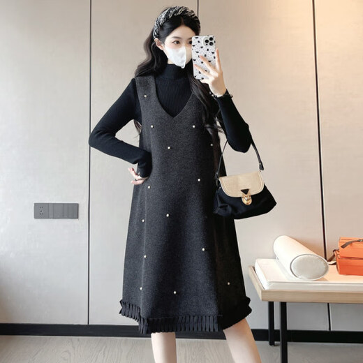 Ran Qiqi pregnant women's vest dress autumn and winter 2025 new autumn two-piece set fashionable sweater large size maternity dress autumn picture color two-piece set XL