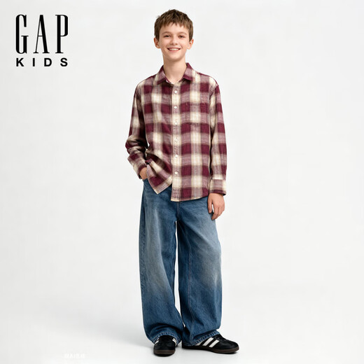 Gap Boys 2025 Autumn New Cotton Flannel Plaid Lapel Shirt Children's Clothing American Version Maroon Plaid 140/72 (10-11 years old)
