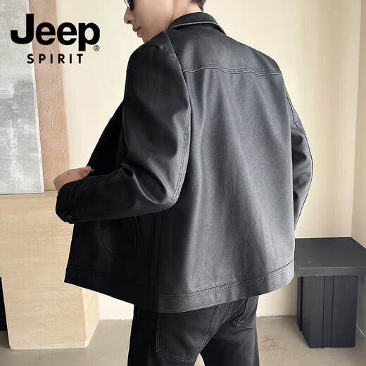 JEEP SPIRIT Jeep Jacket Outdoor Windproof Leather Jacket Jacket Comfortable and Warm Trendy Business Casual Spring and Autumn Mid-aged Black L