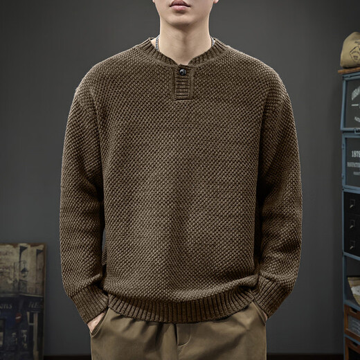 Chaotishi Autumn Trendy Japanese Retro Henley Collar Sweater Men's Pullover Loose Knitwear Autumn and Winter New Style Inner Sweater Floral Gray S 90-115Jin Jin is equal to 0.5 kg