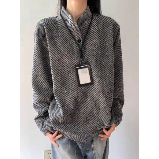 7 excellent products Henry collar sweatshirt men's autumn and winter striped heavy base polo shirt loose casual jacket top men CQS-3266 Gray M