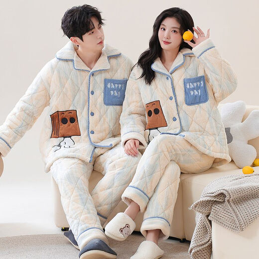 Victoria's style quilted couple's pajamas winter three-layer thickened warm coral velvet cotton home clothes for men and cute cotton jackets for women 7893 M Women