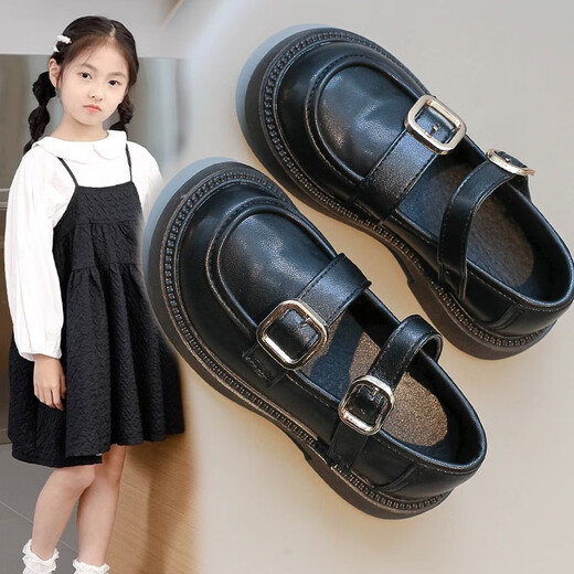 Girls Shoes Princess Shoes 2025 Spring New Genuine Leather Children's Small Leather Shoes Soft Sole Girls Black Single Shoes Spring Style Black 32 Inner Length Approximately 19.6cm