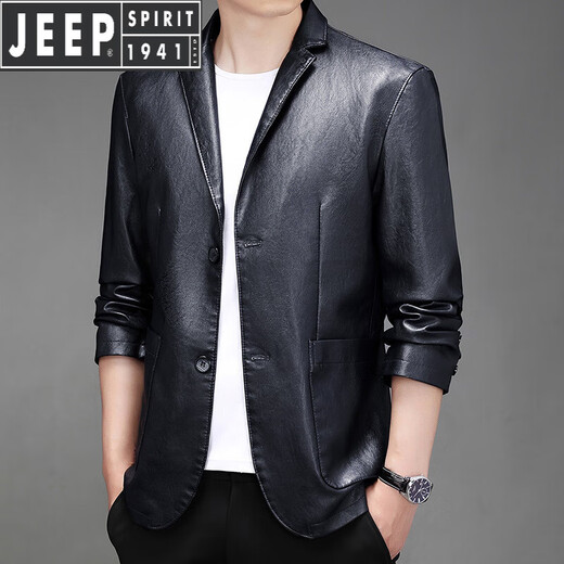 JEEP SPIRIT Jeep Haining imitation leather leather jacket men's autumn imitation sheepskin suit jacket slim casual single leather suit jacket black 2XL