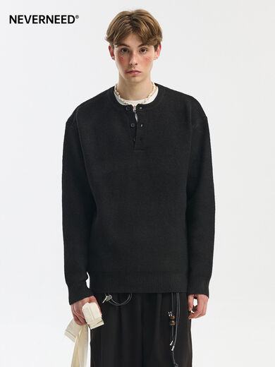 NEVERNEED Henry collar pullover men's autumn and winter American lazy style sheep wool sweater jacket light gray M M