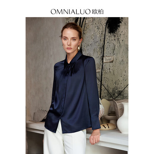 OMNIALUO shopping mall same style high-end French heavy silk top women's long-sleeved 2025 autumn OL temperament mulberry silk shirt B35 navy S