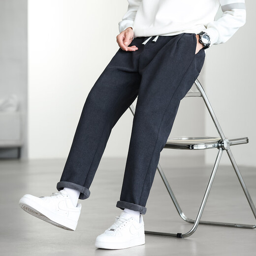Commoner Legend Velvet Thickened Heavy Corduroy Elastic Waist Drawstring Soft Warm Sports Small Taper Men's Casual Pants Gray L