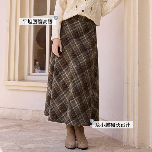 Xiangying Retro Plaid Woolen Skirt Women's 2025 Winter New Style Wool High Waist Slim Brown Medium Long Skirt Brown M 160/84A/95-110Jin Jin is equal to 0.5 kg