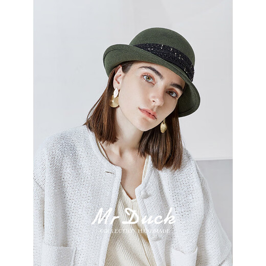 Mr DUCK French style dark antique green handmade small fragrant webbing curled top hat Autumn fisherman basin hat for women MW36658-dark antique green (retro basin hat M (55-58cm)