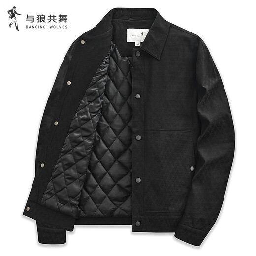 Dances with Wolves, quilted lining for warmth, textured jacquard lapel jacket, casual men's jacket 001 black XL
