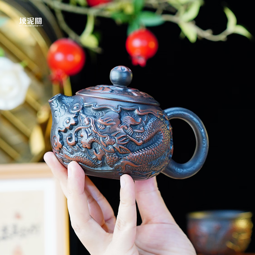 Xishi purple clay teapot with loud phoenix sound, pure handmade dragon pattern purple pottery teapot set, Yunnan purple pottery phoenix teapot, Xishi purple pottery phoenix teapot, 1 piece