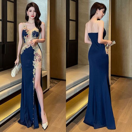 Evening dress 2023 new style female niche light luxury high-end nightclub temperament personalized design skirt host winter navy blue 2XL 2XL recommended 125-135Jin Jin equals 0.5 kg