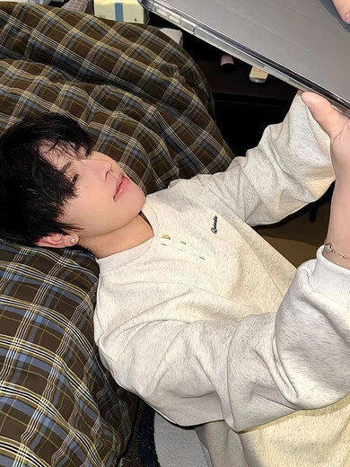 Floral Gray Henley Collar Sweatshirt Men's Autumn and Winter Velvet Thickened Undershirt American Style Hoodless Cleanfit Jacket White Floral Gray Upgraded M Collection Priority for Additional Purchases b