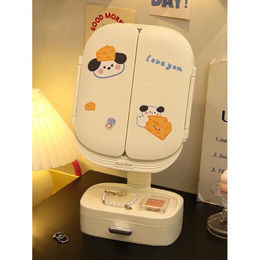 Fat Donglai same style makeup mirror with light desktop female led dressing table birthday gift student dormitory style folding mirror pink + sticker