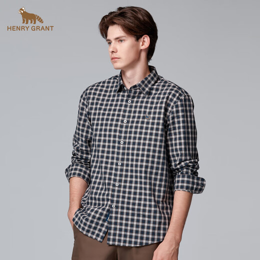 HENRY GRANT Henry Grant plaid shirt men's shirt unprocessed plaid comfortable regular long-sleeved business navy blue (QSC243050U111) 46 (170/88A)