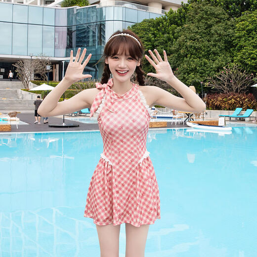 2025 New Swimsuit Women's Summer One-piece Skirt Style Conservative Slim Covering Belly Covering Hot Spring Student Girls Beautiful and Cute Swimsuit + Electroplated Swimming Goggles + Swimming Cap + Nose Clip + Earplugs M M