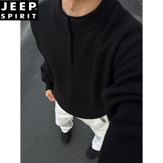 JEEP SPIRIT black Henry collar sweater men's spring and autumn mature and stable POLO knitted bottoming shirt lazy style inner sweater black M