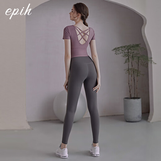 EPIH Yoga Wear Suit Women's Beautiful Pilates Training Clothes Fitness Sportswear 2025 New Summer Thin Lotus Purple Short Sleeves + Dark Gray Leg Leg Pants L
