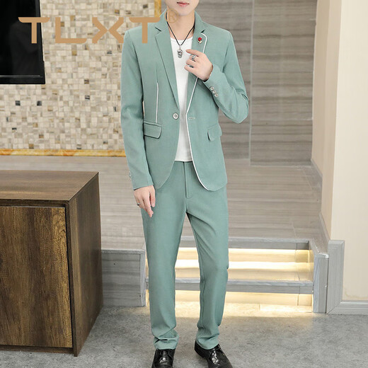TLXT Korean style casual spring and summer suit men's slim business formal suit groom handsome British small suit handsome white (two-piece suit - top + pants) 2XL 135-145 or so