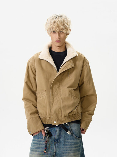 OEMG American retro pilot cotton jacket men's autumn and winter trendy brand tops jacket short work clothes plus velvet jacket Khaki XL recommended 110-130Jin Jin equals 0.5 kg