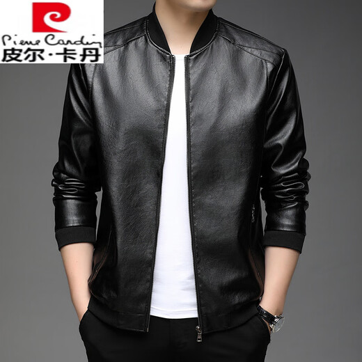 Pierre Cardin high-end men's spring thin genuine leather jacket Haining baseball collar leather jacket motorcycle jacket casual men's jacket black XL 175110-130Jin Jin is equal to 0.5 kg