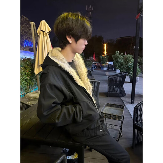 Zhiwei cleanfit mountain carving fur collar cotton jacket men's autumn and winter American hooded cotton jacket plus velvet thickened jacket black XL recommended 125-145Jin Jin equals 0.5 kg