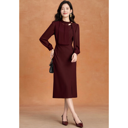 Kebel light luxury high-end dress women's 2025 new autumn and winter temperament waist slimming long-sleeved slit mid-length skirt XL