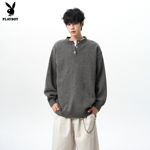 Playboy American Solid Color Henley Collar Sweater Men's Autumn and Winter New Trendy Brand High-Quality Knitwear Casual Warm Couple Jacket Light Gray XL