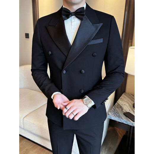 Groom's suit men's suit wedding sense tuxedo Korean style business casual double breasted suit 2502 black suit + vest + trousers free white shirt - tie M M90-105Jin Jin equals 0.5 kg