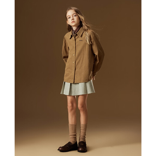 ELLE KIDS children's clothing Maillard long-sleeved shirt girls autumn and winter new corduroy embroidered retro style top khaki 120 (110/120)