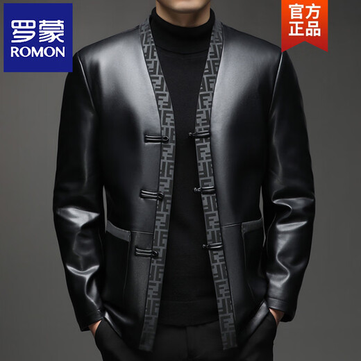 ROMON Haining Autumn and Winter Leather Men's Tang Suit Leather Jacket Velvet Thickened Chinese Style Imitation Sheepskin Jacket Black M 170