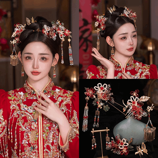 Sanqihu Xiuhe clothing phoenix crown headdress Xiuhe bride Chinese style 2025 new gold red simple atmosphere wedding dragon and phoenix gown with Begonia sense
