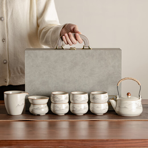 Porcelain Friends Mingshui Mo Guanshan Ru Kiln Tea Set Complete Kung Fu Tea Set Business Holiday Souvenir Gift for Elders Housewarming Gift