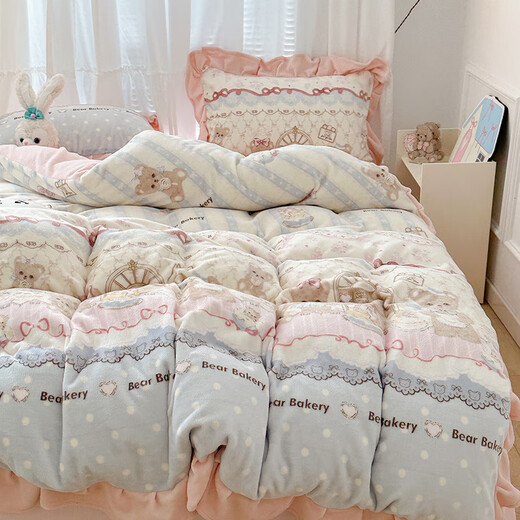 Cheng Baobao winter thickened Lolita milk velvet bed four-piece set plus velvet coral velvet quilt cover three-piece bed sheet princess style Sweetheart Coco Bear bed sheet style student three-piece set suitable for 150x200cm quilt