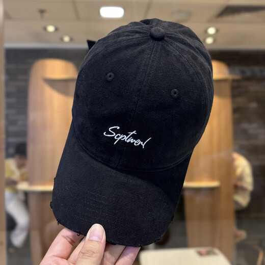 American retro frayed edge hole baseball hat for women, fashionable and versatile sun hat, wide brim, face-showing couple's peaked cap, black (54-58CM) adjustable