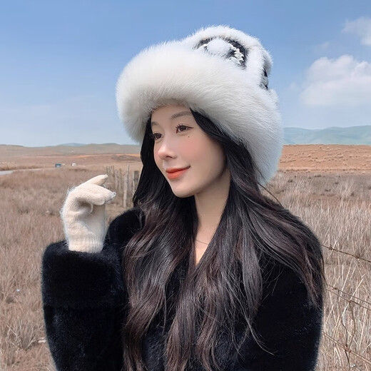 Yinghui's new temperament mink fisherman hat for women in autumn and winter, warm fox fur hat, cute face-showing small real fur lion hat, off-white, one size fits all
