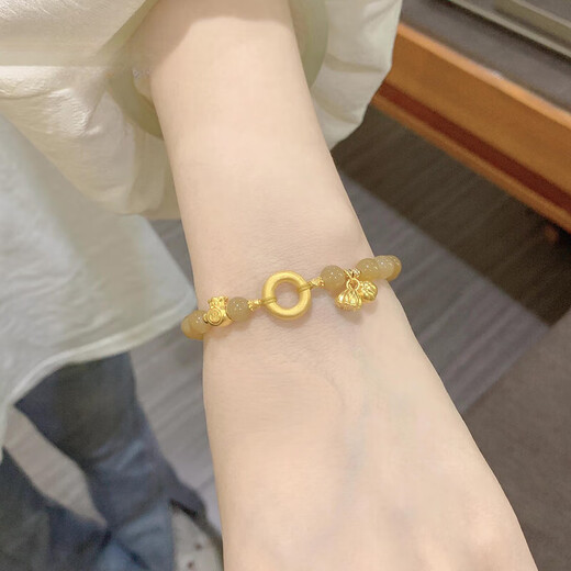Chow Tai Sang 999 Pure Gold Peace Buckle Gold Bracelet Women's Lucky Bag Transfer Beads Lotus Persimmon Caramel Hetian Jade Beaded Bracelet Pure Gold Hetian Jade Bracelet