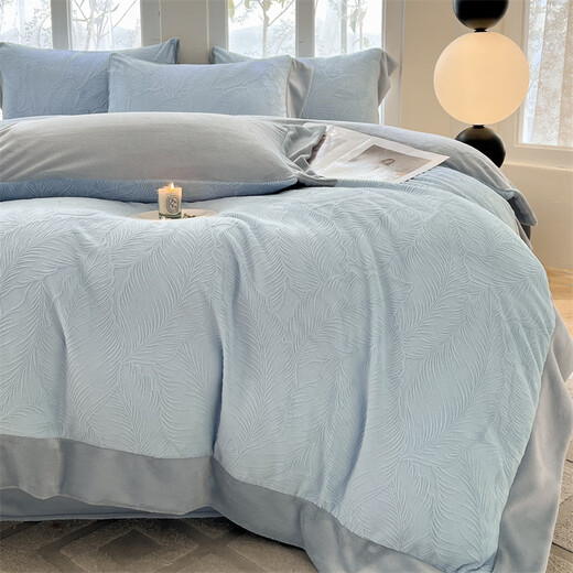 La Chapelle milk velvet four-piece set 2025 new winter thickened coral velvet quilt cover bed sheet three-piece set baby blue + star gray bed sheet style 1.5m four-piece set