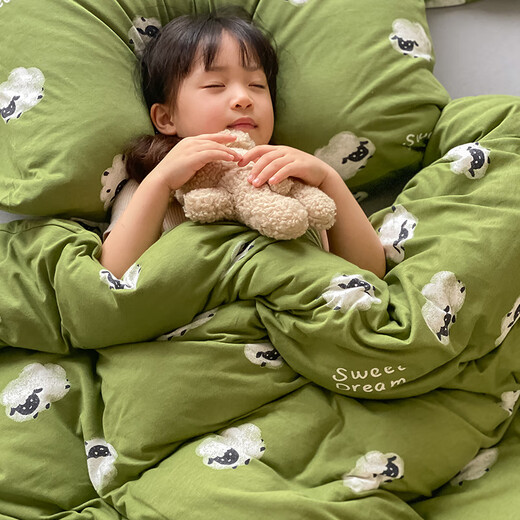 Perfect in Everything (IT S A 10) Class A Cartoon Baby Grade Tianzhu Cotton Four-piece Set for Naked Sleeping Knitted 100 Pure Cotton Children's Lamb Quilt Cover Sheet Bedding Sheep-Green Sheet Style Piece_1.2m Bed_Suitable for 150*200cm Quilt Core