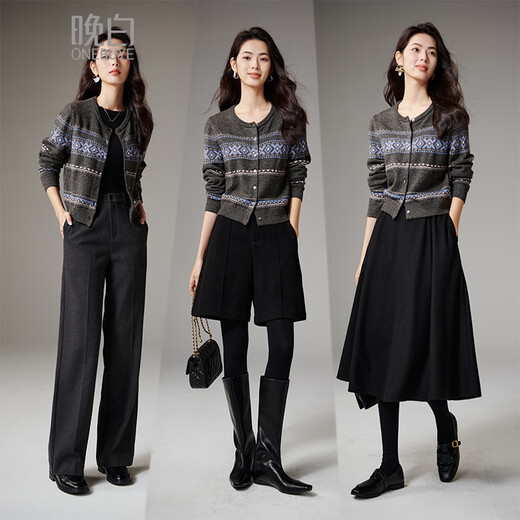 Late white 2025 winter style, popular this year with sheep wool Fair Isle sweater, short knitted cardigan for women, floral gray L