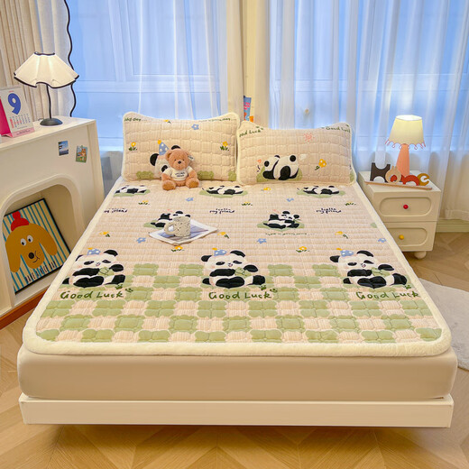 Red bean thickened and velvet milk velvet mattress soft cushion tatami floor mat mattress coral velvet sheet children's bed cover bed blanket Green Check Panda thickened velvet 180x200cm three-piece set mattress + pillowcase *2
