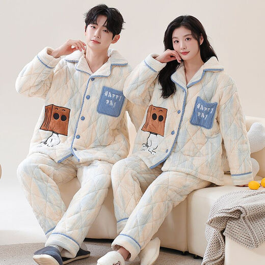 Victoria's style quilted couple's pajamas winter three-layer thickened warm coral velvet cotton home clothes for men and cute cotton jackets for women 7893 M Women