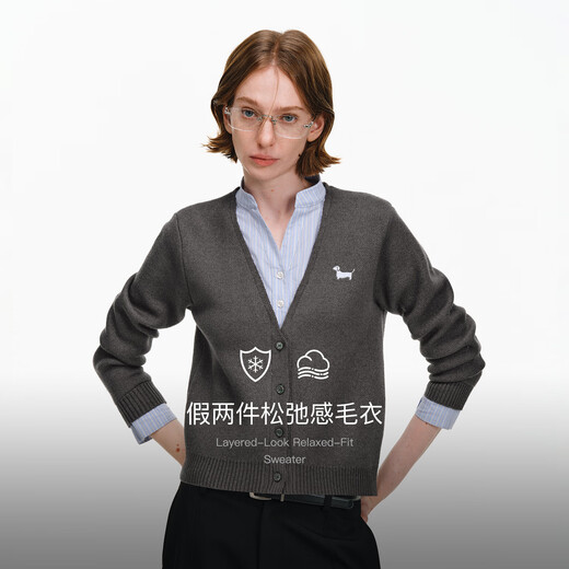 PCLP fake two-piece contrasting color splicing sweater national fashion brand autumn embroidery loose American retro couple V-neck top dark gray M