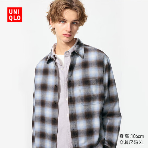 UNIQLO Ropa para hombres/Camisa a cuadros de franela para hombres y mujeres/camisa a cuadros de manga larga algodón de algodón de algodón 481224 480767/61 Agua azul XL/180/108B